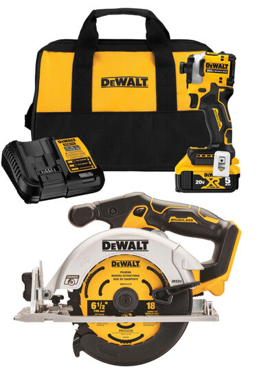 DEWALT 20V MAX 1/4in Impact Driver &amp; 6-1/2in Brushless Cordless Circular Saw Combo Kit Bundle