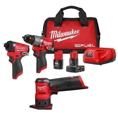 Milwaukee M12 FUEL Drill Driver, Impact Driver &amp; Orbital Sander Combo Kit Bundle