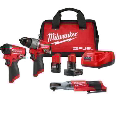 Milwaukee M12 FUEL Drill Driver, Impact Driver &amp; Ratchet Combo Kit Bundle