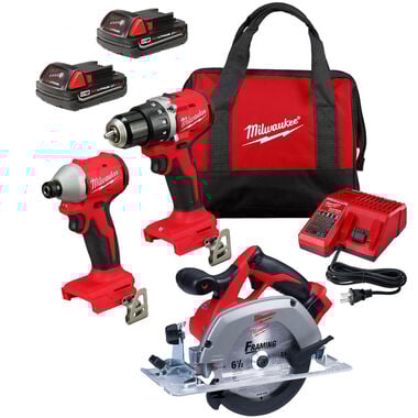 Milwaukee M18 1/2 Inch Drill Driver, 1/4 Inch Impact Driver &amp; 6-1/2 Inch Circular Saw Combo Kit Bundle