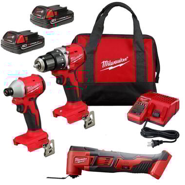 Milwaukee M18 1/2 Inch Drill Driver, 1/4 Inch Impact Driver &amp; Multi-Tool Saw Kit Bundle