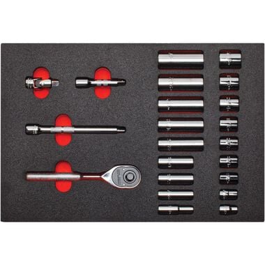 Proto 3/8in Drive 12pt Foamed Socket Set 22pc with 7in Pear Head Ratchet