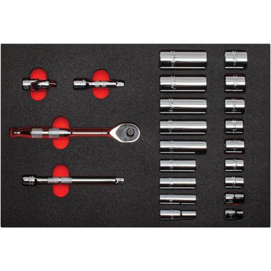 Proto 3/8in Drive 12pt Foamed Socket Set 22pc with Pear Head Ratchet